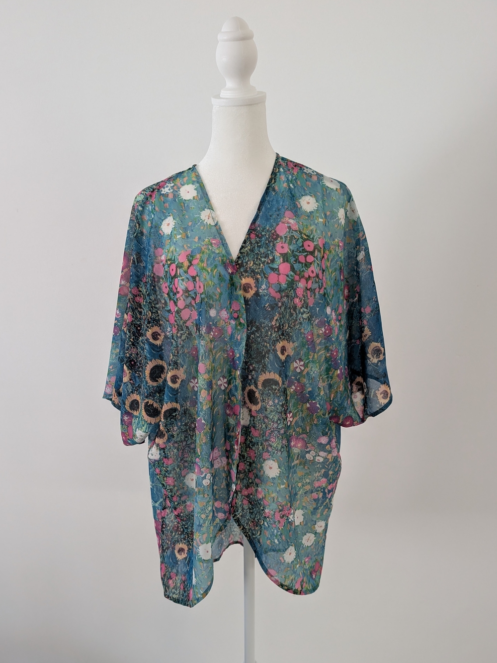 Kimono Cardigan Women's L Teal Pink Floral Sheer Open Front  Top